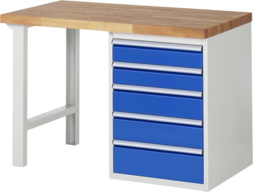 RAU établi Serie 7000 avec piètement en blocs à tiroirs, 5 tiroirs, RAL7035 gris clair/RAL5010 bleu gentiane