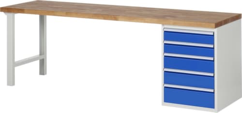 RAU établi Serie 7000 avec piètement en blocs à tiroirs, 5 tiroirs, RAL7035 gris clair/RAL5010 bleu gentiane