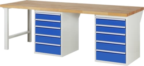 RAU établi Serie 7000 avec piètement en blocs à tiroirs, 10 tiroirs, RAL7035 gris clair/RAL5010 bleu gentiane