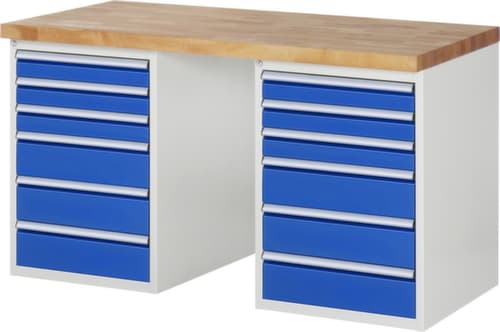 RAU établi Serie 7000 avec piètement en blocs à tiroirs, 12 tiroirs, RAL7035 gris clair/RAL5010 bleu gentiane