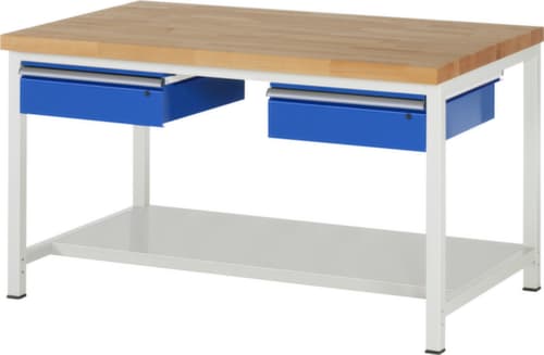 RAU Établi à hauteur réglable Serie 8000, 2 tiroirs, 1 tablette, RAL7035 gris clair/RAL5010 bleu gentiane