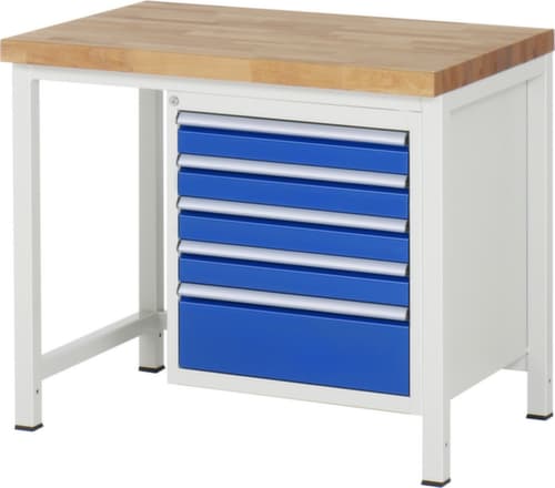 RAU Établi à hauteur réglable Serie 8000, 5 tiroirs, RAL7035 gris clair/RAL5010 bleu gentiane
