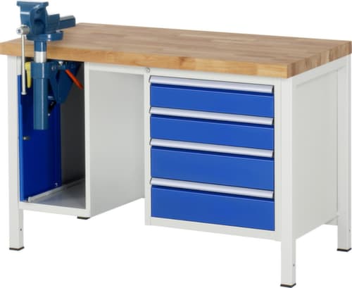 RAU établi à hauteur réglable Serie 8000 avec étau, 4 tiroirs, 1 armoire, 1 étau, RAL7035 gris clair/RAL5010 bleu gentiane