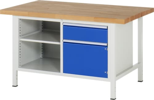 RAU Établi à hauteur réglable Serie 8000, 1 tiroir, 1 armoire, 2 tablettes, RAL7035 gris clair/RAL5010 bleu gentiane