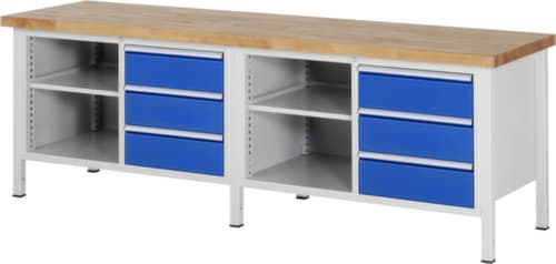 RAU Établi à hauteur réglable Serie 8000, 6 tiroirs, 4 tablettes, RAL7035 gris clair/RAL5010 bleu gentiane