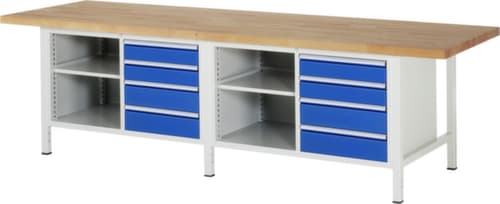RAU Établi à hauteur réglable Serie 8000, 8 tiroirs, 4 tablettes, RAL7035 gris clair/RAL5010 bleu gentiane