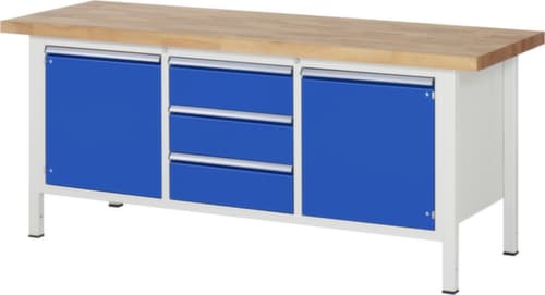 RAU Établi à hauteur réglable Serie 8000, 3 tiroirs, 2 armoires, RAL7035 gris clair/RAL5010 bleu gentiane