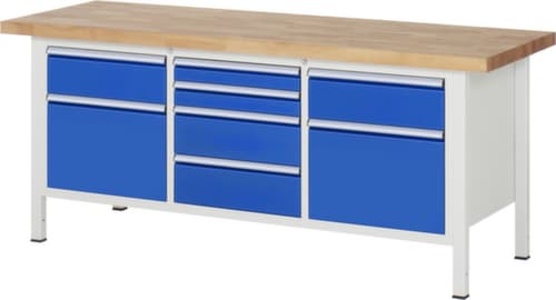 RAU Établi à hauteur réglable Serie 8000, 8 tiroirs, RAL7035 gris clair/RAL5010 bleu gentiane
