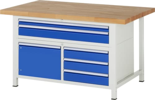 RAU Établi à hauteur réglable Serie 8000, 5 tiroirs, 1 armoire, RAL7035 gris clair/RAL5010 bleu gentiane