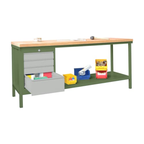 PAVOY Établi avec différents soubassements, 1 bloc tiroirs, 1 tablette