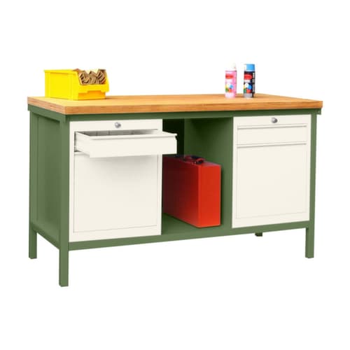 PAVOY Établi avec différents soubassements, 2 blocs tiroirs, 1 tablette