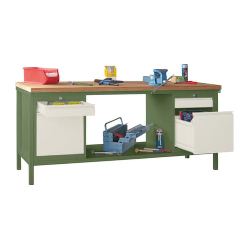 PAVOY Établi avec différents soubassements, 2 blocs tiroirs, 1 tablette