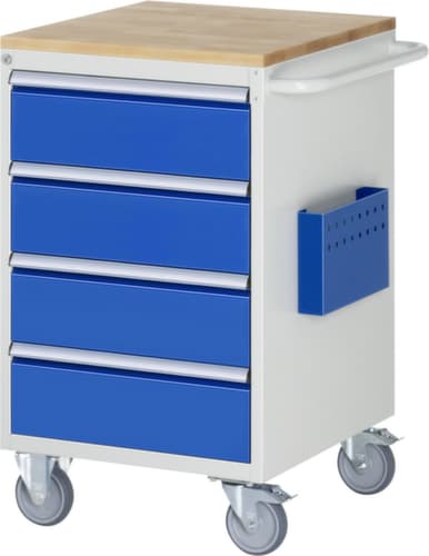 RAU Établi mobile Serie 7000, 4 tiroirs, 1 pochette pour documents, 1 barre de poussée, RAL7035 gris clair/RAL5010 bleu gentiane