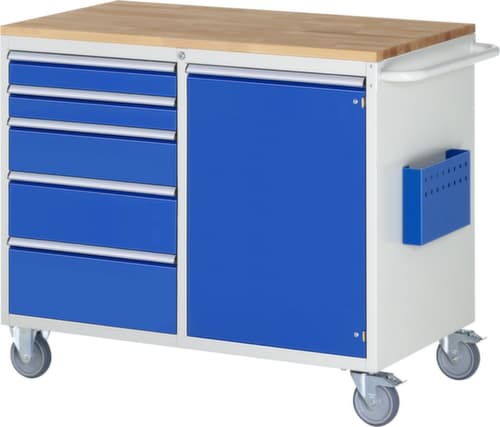RAU Établi mobile Serie 7000, 5 tiroirs, 1 armoire, 1 pochette pour documents, 1 barre de poussée, RAL7035 gris clair/RAL5010 bleu gentiane
