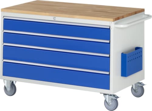 RAU Établi mobile Serie 7000, 4 tiroirs, 1 pochette pour documents, 1 barre de poussée, RAL7035 gris clair/RAL5010 bleu gentiane