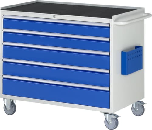 RAU Établi mobile Serie 7000, 5 tiroirs, 1 pochette pour documents, 1 barre de poussée, RAL7035 gris clair/RAL5010 bleu gentiane