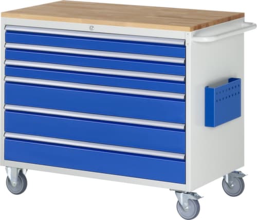 RAU Établi mobile Serie 7000, 6 tiroirs, 1 pochette pour documents, 1 barre de poussée, RAL7035 gris clair/RAL5010 bleu gentiane