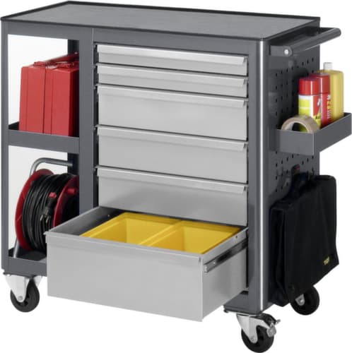 RAU Établi mobile Basic 6010, 6 tiroirs, 2 tablettes, 1 plaque perforée, anthracite/RAL7035 gris clair