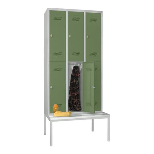 PAVOY Armoire vestiaire à deux niveaux Basis avec banc + 3x2 compartiments, largeur de compartiment 300 mm