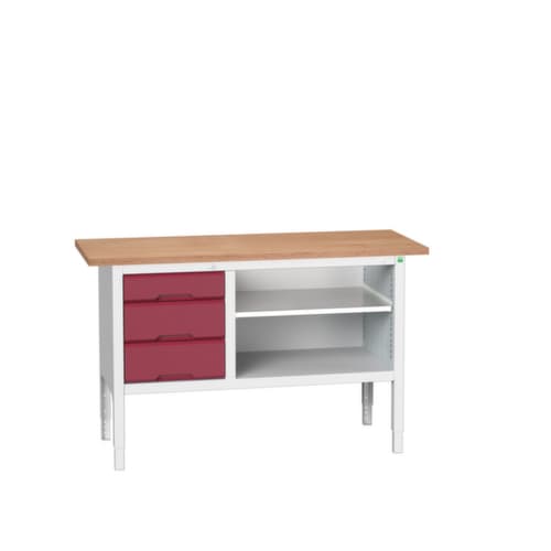 bott bloc établi à hauteur réglable verso, 3 tiroirs, 1 tablette, RAL7035 gris clair/RAL3004 rouge pourpre