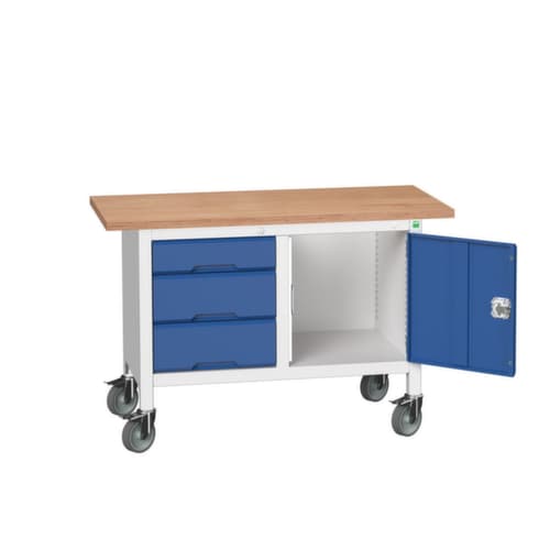 bott Bloc établi mobile verso, 3 tiroirs, 1 armoire, RAL7035 gris clair/RAL5010 bleu gentiane