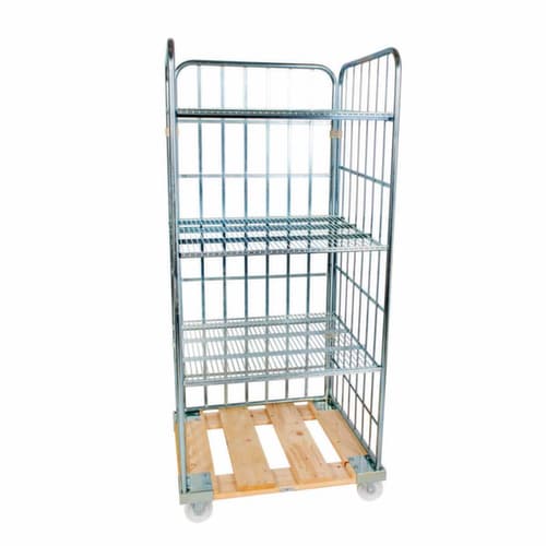 Bac sur roulettes rolltainer® avec 3 parois et 3 tablettes, force 500 kg, longueur x largeur 810 x 724 mm