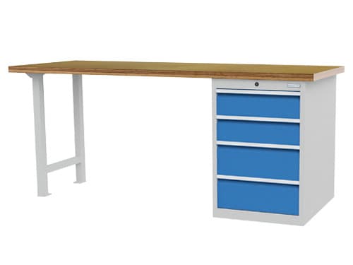 Bedrunka + Hirth établi avec piètement en blocs à tiroirs, 4 tiroirs, 1 armoire, RAL7035 gris clair/RAL 5012 bleu clair