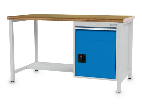 Bedrunka + Hirth Établi avec panneau multiplis hêtre, 1 tiroir, 1 armoire, 1/2 tablette, RAL7035 gris clair/RAL 5012 bleu clair