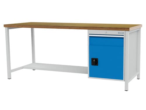 Bedrunka + Hirth Établi avec panneau multiplis hêtre, 1 tiroir, 1 armoire, 1/2 tablette, RAL7035 gris clair/RAL 5012 bleu clair