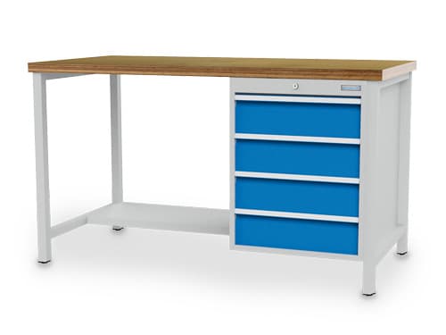 Bedrunka + Hirth Établi avec panneau multiplis hêtre, 4 tiroirs, 1/2 tablette, RAL7035 gris clair/RAL 5012 bleu clair