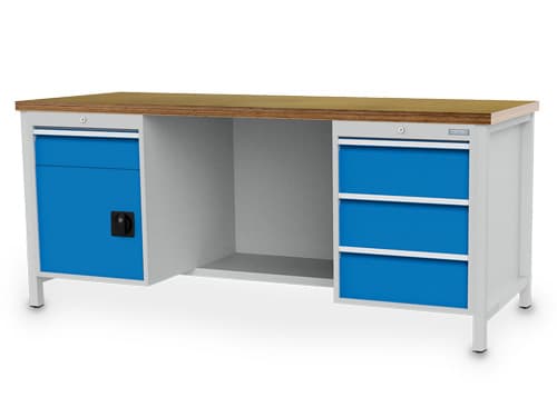 Bedrunka + Hirth établi avec panneau arrière, 4 tiroirs, 1 armoire, 1/2 tablette, RAL7035 gris clair/RAL 5012 bleu clair