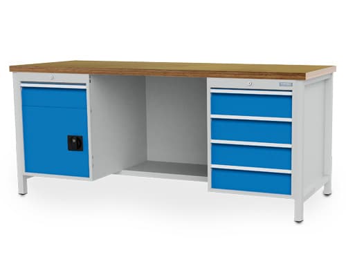 Bedrunka + Hirth établi avec panneau arrière, 5 tiroirs, 1 armoire, 1/2 tablette, RAL7035 gris clair/RAL 5012 bleu clair