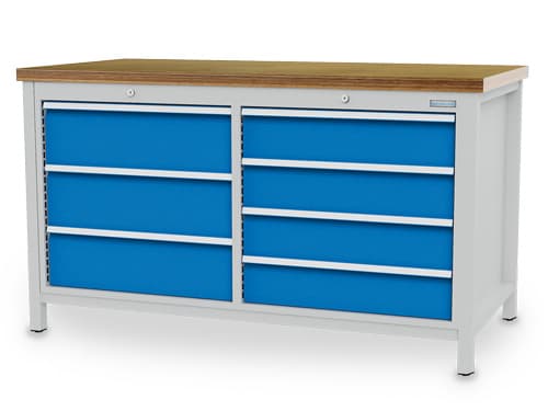 Bedrunka + Hirth Bloc établi, 7 tiroirs, RAL7035 gris clair/RAL 5012 bleu clair