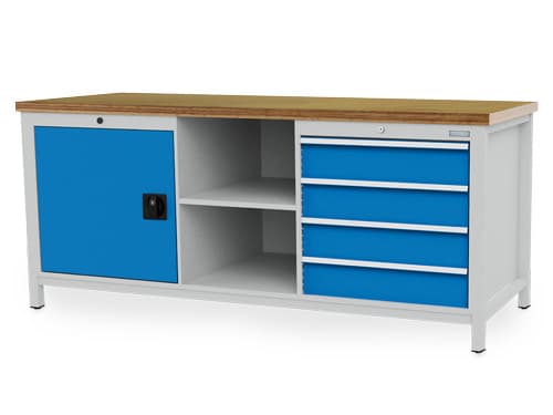 Bedrunka + Hirth établi avec panneau arrière, 4 tiroirs, 1 armoire, 2 tablettes, RAL7035 gris clair/RAL 5012 bleu clair