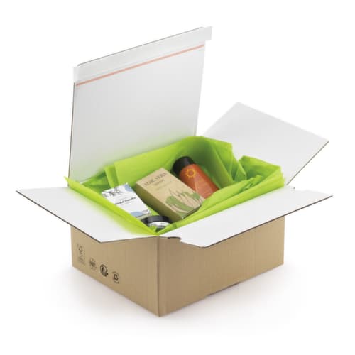 Caisse carton brune à montage instantané et fermeture adhésive RAJA intérieur blanc
