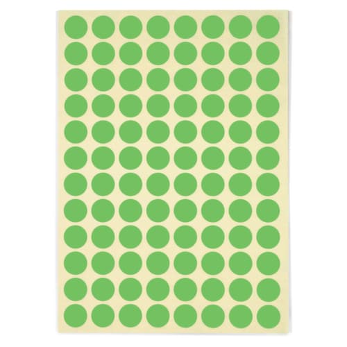 Pastille verte adhésif permanent en planche A5 15 mm diam