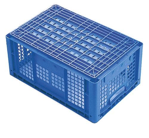 Euronorm-Stapelbehälter Wände + Boden durchbrochen, blau, Inhalt 25 l, Zweiteiliger Scharnierdeckel