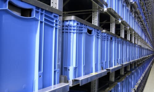Euronorm-Stapelbehälter Wände + Boden durchbrochen, blau, Inhalt 25 l, Zweiteiliger Scharnierdeckel