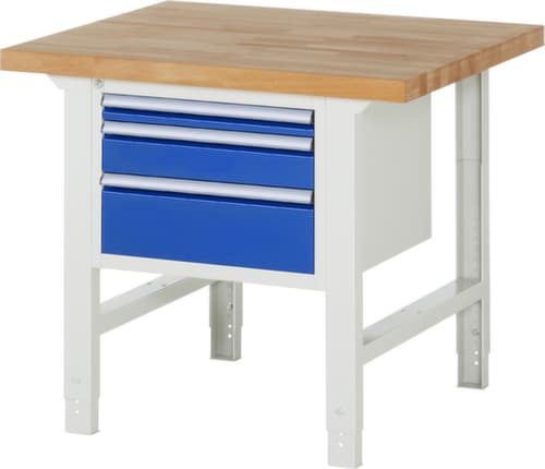 RAU Höhenverstellbare Werkbank Serie 7000, 3 Schubladen, RAL7035 Lichtgrau/RAL5010 Enzianblau