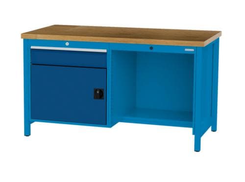 Bedrunka + Hirth Etabli avec plateau en hêtre massif Piétement en plusieurs couleurs, 1 tiroir, 1 armoire, 1/2 tablette