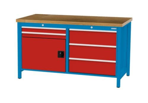 Bedrunka + Hirth Etabli avec plateau en hêtre massif Piétement en plusieurs couleurs, 5 tiroirs, 1 armoire