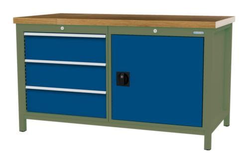 Bedrunka + Hirth Etabli avec plateau en hêtre massif Piétement en plusieurs couleurs, 3 tiroirs, 1 armoire