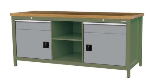 Bedrunka + Hirth Etabli avec plateau en hêtre massif Piétement en plusieurs couleurs, 2 tiroirs, 2 armoires, 2 tablettes