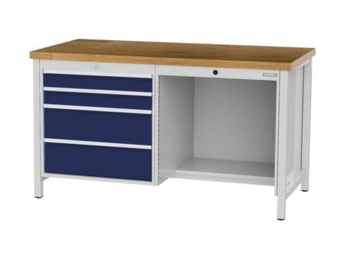 Bedrunka + Hirth Etabli avec plateau en hêtre massif Piétement en plusieurs couleurs, 4 tiroirs, 1/2 tablette