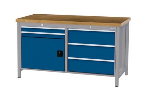Bedrunka + Hirth Etabli avec plateau en hêtre massif Piétement en plusieurs couleurs, 5 tiroirs, 1 armoire