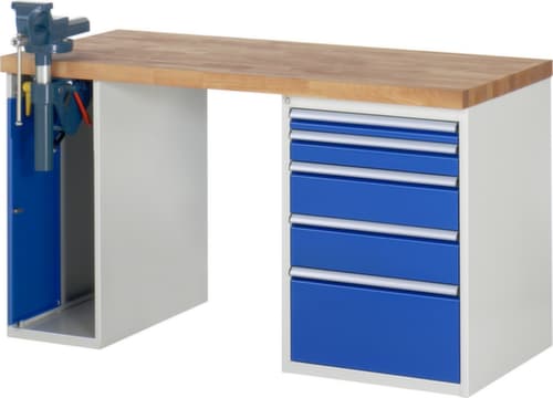 RAU établi Serie 7000 avec piètement en blocs à tiroirs, 5 tiroirs, 1 armoire, 1 étau, RAL7035 gris clair/RAL5010 bleu gentiane