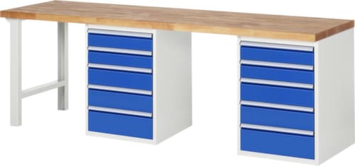 RAU établi Serie 7000 avec piètement en blocs à tiroirs, 10 tiroirs, RAL7035 gris clair/RAL5010 bleu gentiane