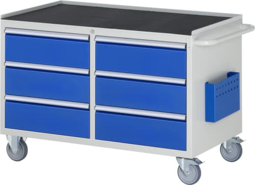 RAU Établi mobile Serie 7000, 6 tiroirs, 1 pochette pour documents, 1 barre de poussée, RAL7035 gris clair/RAL5010 bleu gentiane